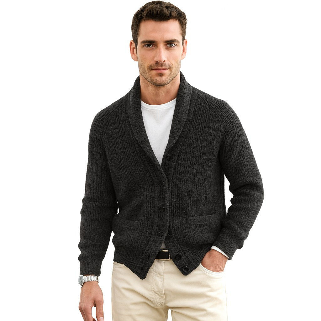Michael | Men's Shawl Collar Cardigan with Button Front, Ribbed Knit Long Sleeve Cardigan | The Dress Cellar