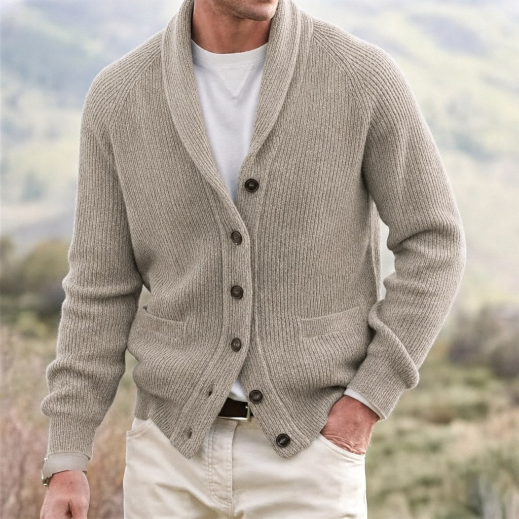Michael | Men's Shawl Collar Cardigan with Button Front, Ribbed Knit Long Sleeve Cardigan | The Dress Cellar