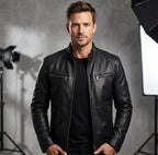 Nicholas | Men's Leather Jacket with Stand Collar, Biker Leather Jacket | The Dress Cellar