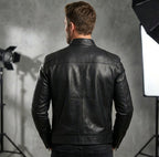 Nicholas | Men's Leather Jacket with Stand Collar, Biker Leather Jacket | The Dress Cellar