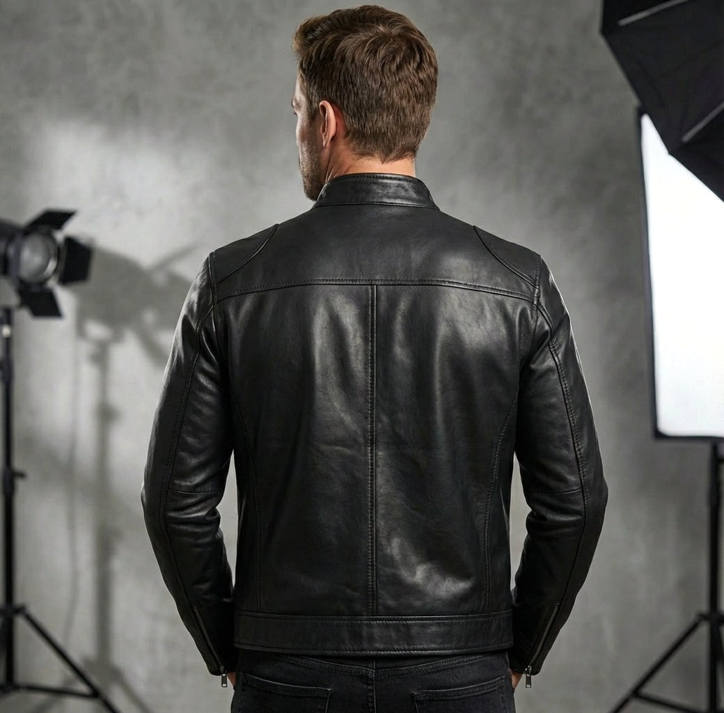 Nicholas | Men's Leather Jacket with Stand Collar, Biker Leather Jacket | The Dress Cellar