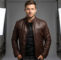 Nicholas | Men's Leather Jacket with Stand Collar, Biker Leather Jacket | The Dress Cellar