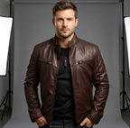Nicholas | Men's Leather Jacket with Stand Collar, Biker Leather Jacket | The Dress Cellar