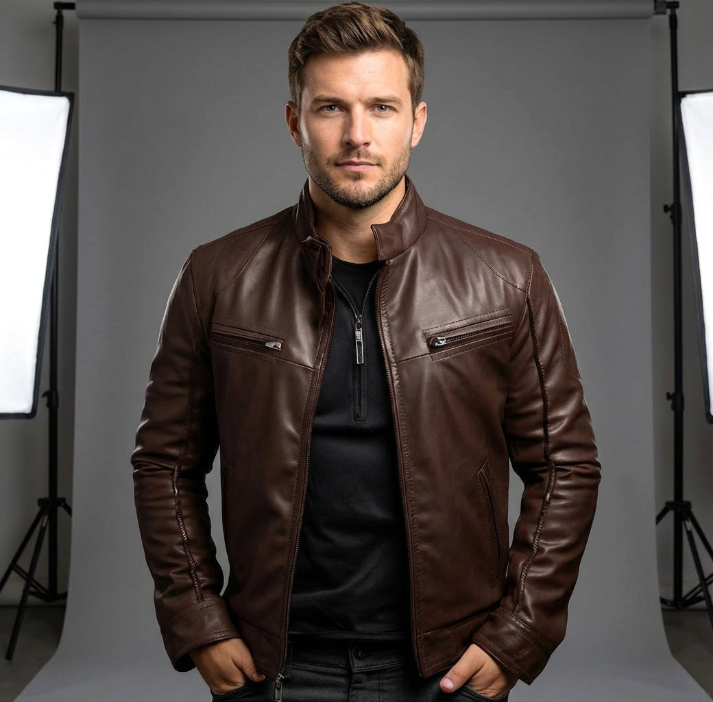 Nicholas | Men's Leather Jacket with Stand Collar, Biker Leather Jacket | The Dress Cellar