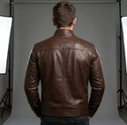 Nicholas | Men's Leather Jacket with Stand Collar, Biker Leather Jacket | The Dress Cellar