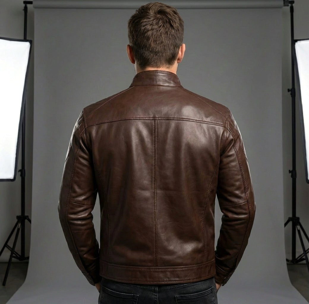 Nicholas | Men's Leather Jacket with Stand Collar, Biker Leather Jacket | The Dress Cellar