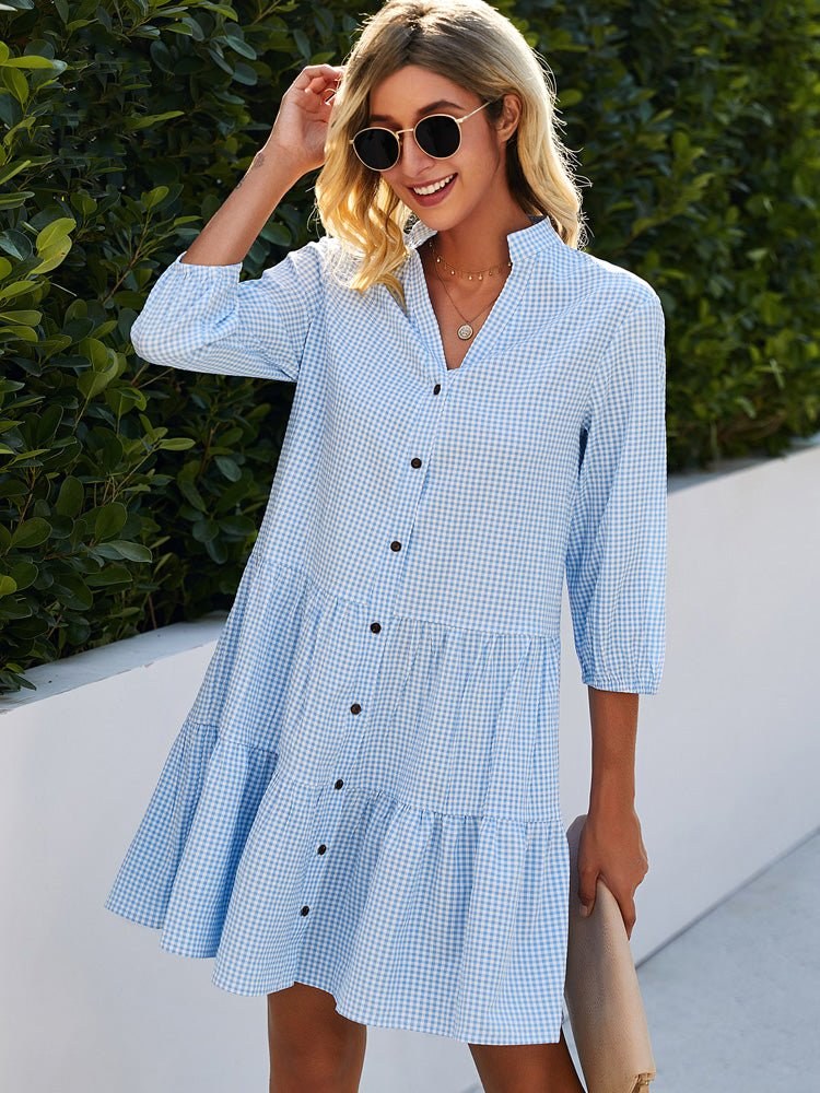 Mila | Women's Gingham Short Sleeve Summer Dress - Blue