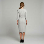 Courtney | Women's Fitted Midi Dress with Belt and Three-Quarter Sleeves, V-Neck Midi Dress | The Dress Cellar