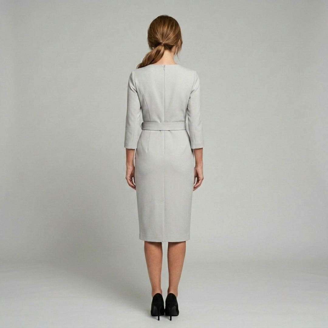 Courtney | Women's Fitted Midi Dress with Belt and Three-Quarter Sleeves, V-Neck Midi Dress | The Dress Cellar