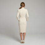 Courtney | Women's Fitted Midi Dress with Belt and Three-Quarter Sleeves, V-Neck Midi Dress | The Dress Cellar