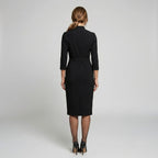 Courtney | Women's Fitted Midi Dress with Belt and Three-Quarter Sleeves, V-Neck Midi Dress | The Dress Cellar