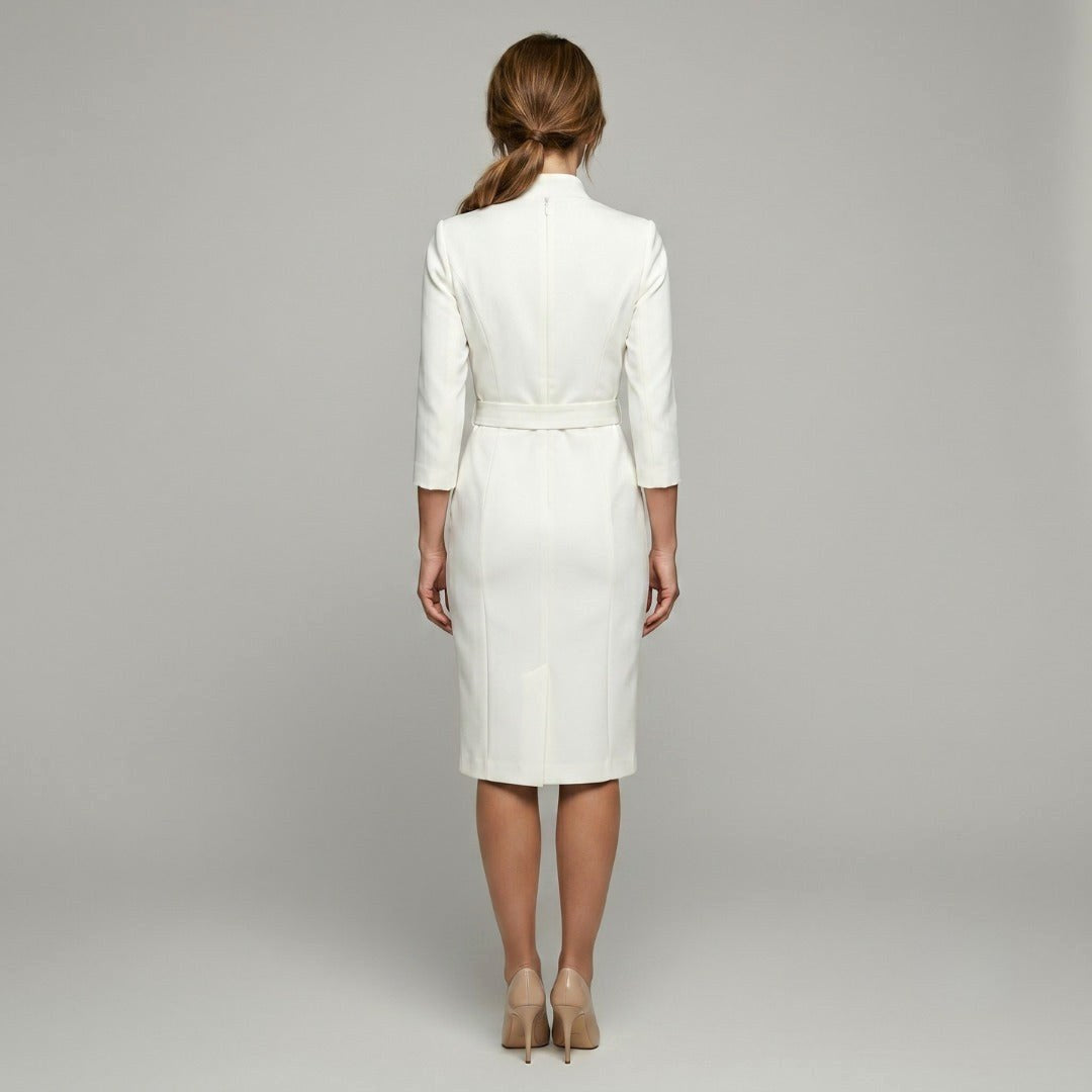 Courtney | Women's Fitted Midi Dress with Belt and Three-Quarter Sleeves, V-Neck Midi Dress | The Dress Cellar