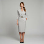 Courtney | Women's Fitted Midi Dress with Belt and Three-Quarter Sleeves, V-Neck Midi Dress | The Dress Cellar