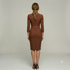 Courtney | Women's Fitted Midi Dress with Belt and Three-Quarter Sleeves, V-Neck Midi Dress | The Dress Cellar