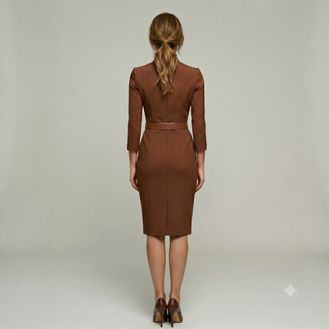 Courtney | Women's Fitted Midi Dress with Belt and Three-Quarter Sleeves, V-Neck Midi Dress | The Dress Cellar