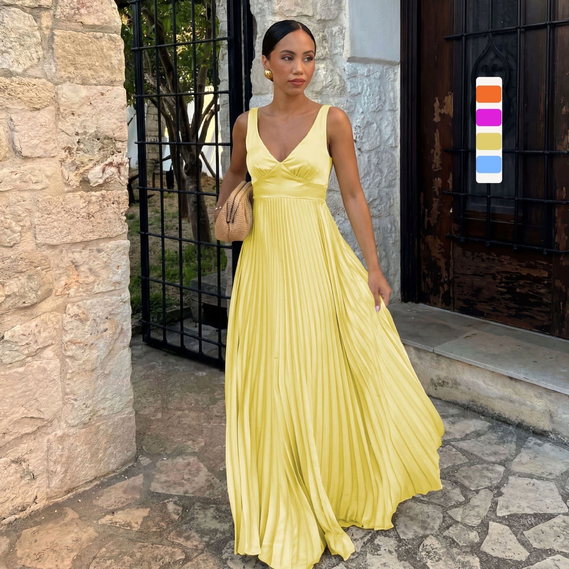 Monique | Women's Pleated Maxi Dress with V-Neckline, Formal Wedding Guest Dress | The Dress Cellar | Magenta