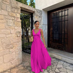 Monique | Women's Pleated Maxi Dress with V-Neckline, Formal Wedding Guest Dress | The Dress Cellar | Teal