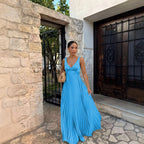 Monique | Women's Pleated Maxi Dress with V-Neckline, Formal Wedding Guest Dress | The Dress Cellar | Orange-Red