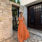 Monique | Women's Pleated Maxi Dress with V-Neckline, Formal Wedding Guest Dress | The Dress Cellar | Yellow