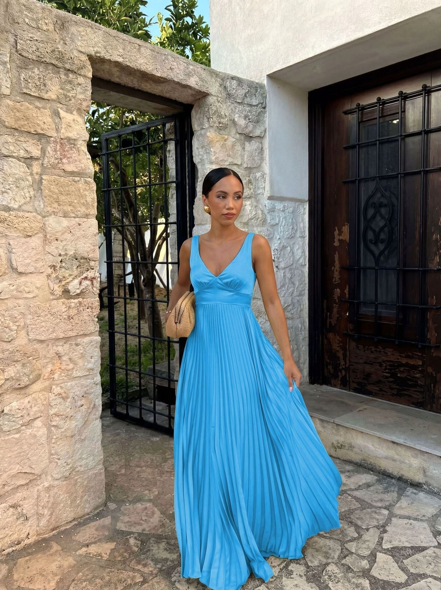 Monique | Women's Pleated Maxi Dress with V-Neckline, Formal Wedding Guest Dress | The Dress Cellar