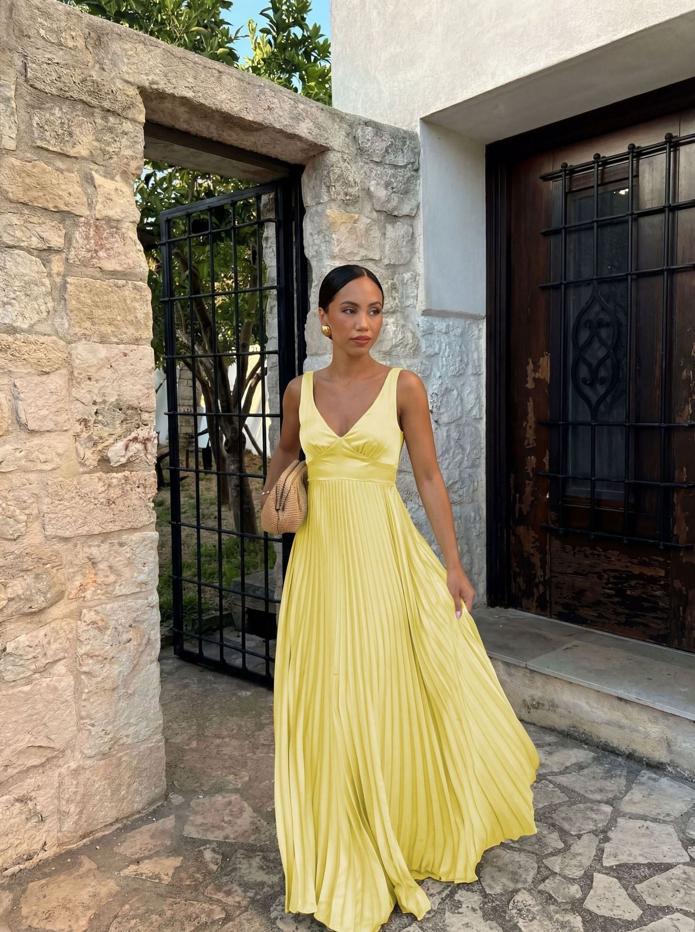 Monique | Women's Pleated Maxi Dress with V-Neckline, Formal Wedding Guest Dress | The Dress Cellar