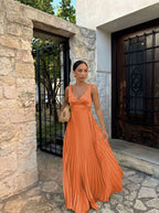 Monique | Women's Pleated Maxi Dress with V-Neckline, Formal Wedding Guest Dress | The Dress Cellar