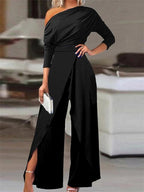 Monroe | Women's Elegant One-Shoulder Jumpsuit - Black