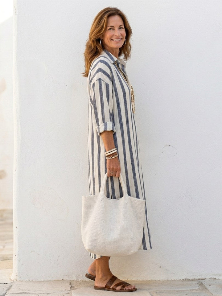 Naomi | Women's Long Sleeve Striped Midi Shirt Dress - Red