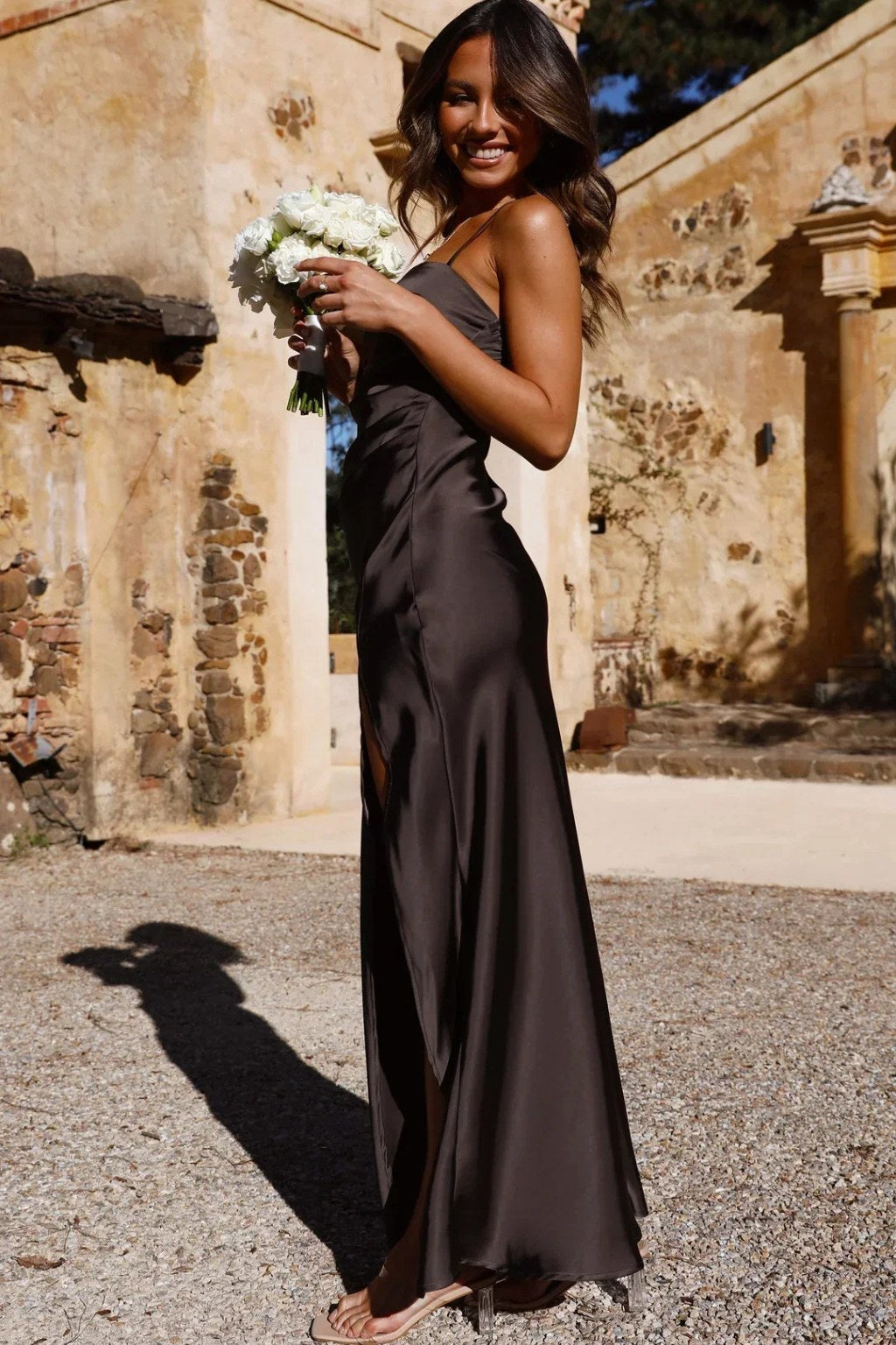 Gemma | Women's Satin Evening Dress with Side Split, Fitted Occasion Dress | The Dress Cellar