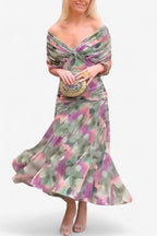Natalie | Women's Floral V-Neck Midi Dress - Green and Purple
