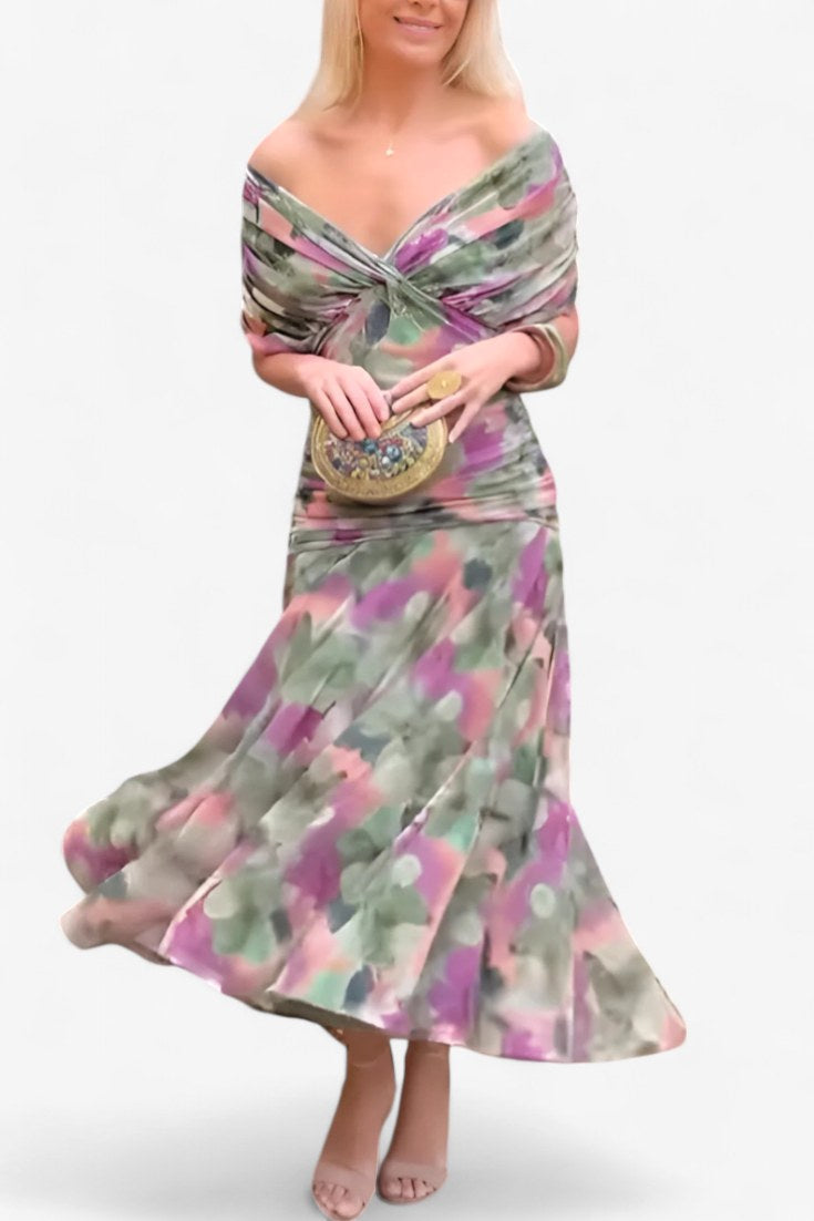Natalie | Women's Floral V-Neck Midi Dress - Green and Purple