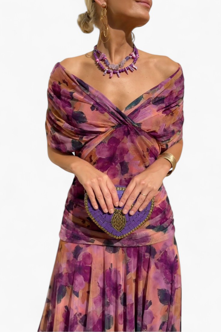 Natalie | Women's Floral V-Neck Midi Dress - Purple