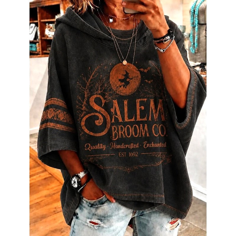 Natalie | Women's Halloween Graphic Hooded Hoodie, Relaxed Autumn Sweater | The Dress Cellar | Wine
