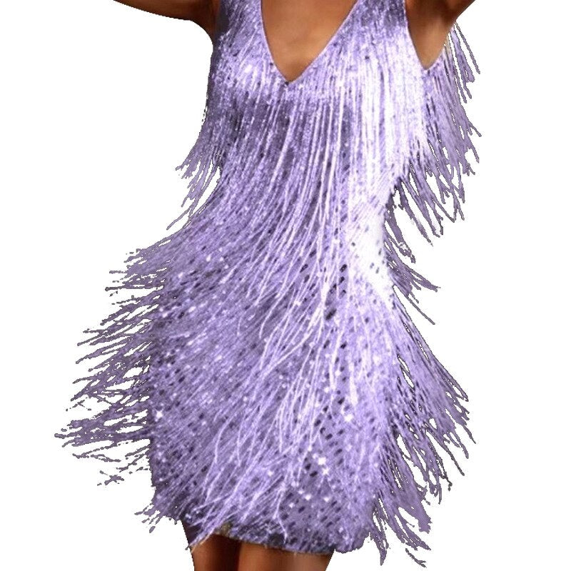 Eden | Women's Sequin Dress with Fringe Trim, V-Neck Evening Dress | The Dress Cellar