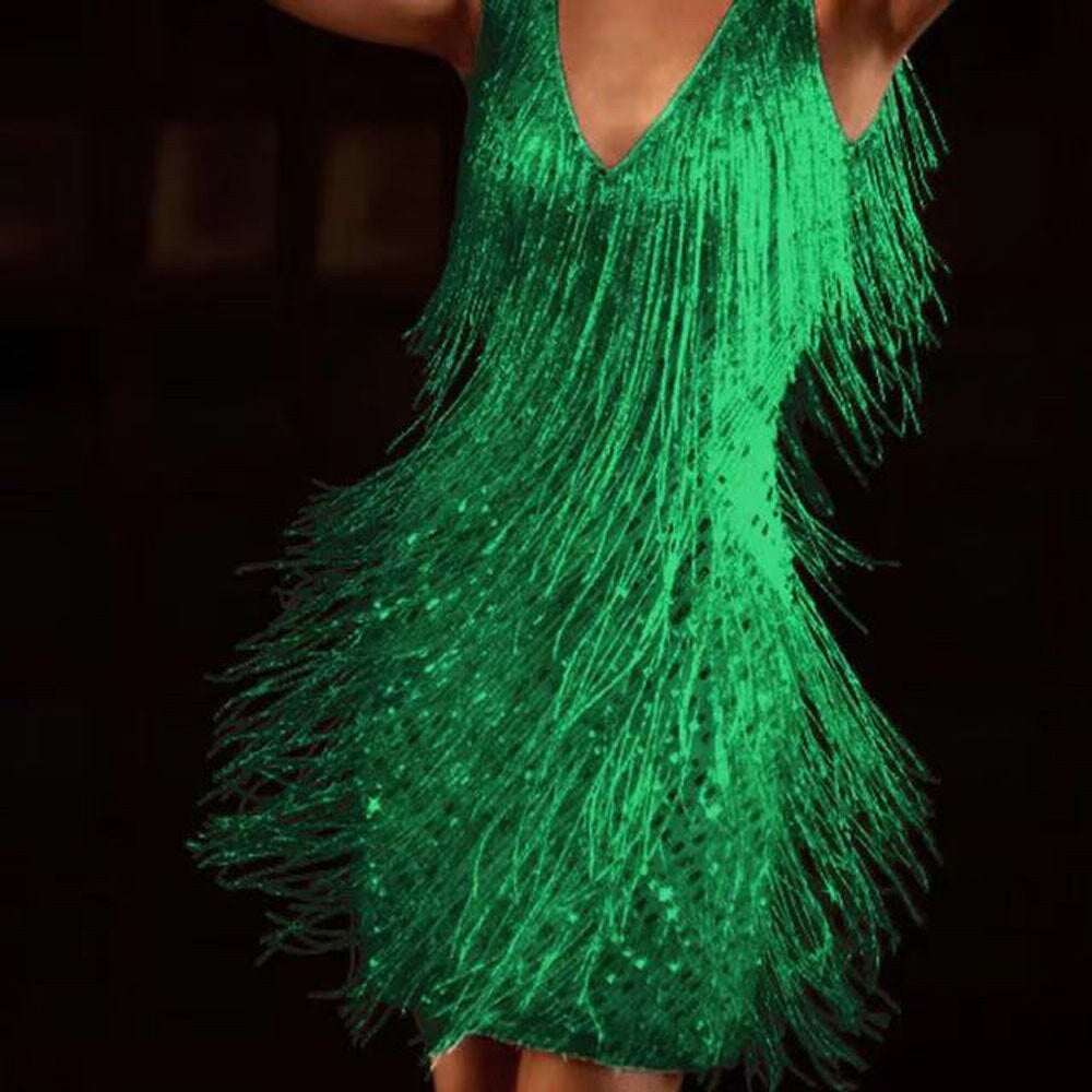 Eden | Women's Sequin Dress with Fringe Trim, V-Neck Evening Dress | The Dress Cellar