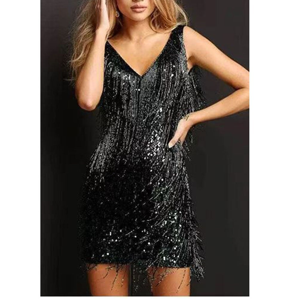 Madeline | Women's Sequin Fringe Dress, V-Neck Evening Dress | The Dress Cellar