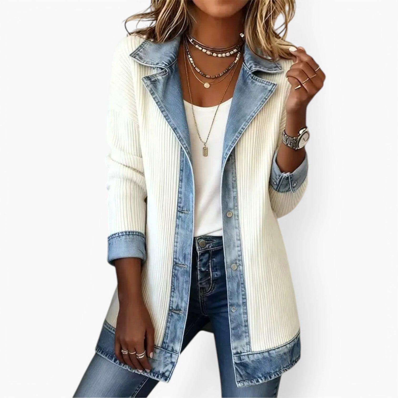 Noelle | Women's Hybrid Knit-Denim Jacket, Relaxed Button-Front Jacket | The Dress Cellar