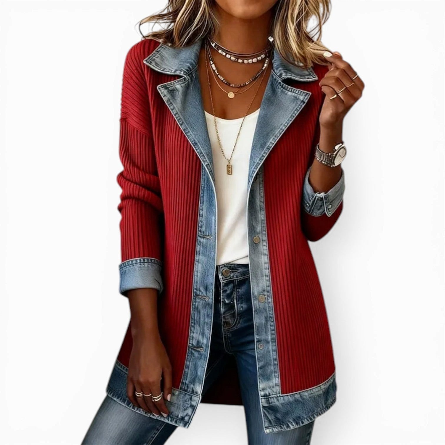 Noelle | Women's Hybrid Knit-Denim Jacket, Relaxed Button-Front Jacket | The Dress Cellar