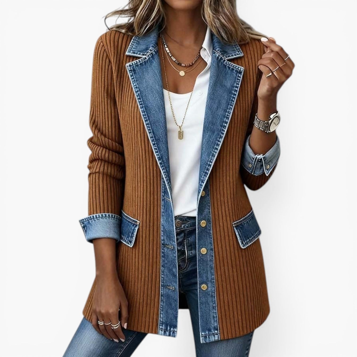 Noelle | Women's Hybrid Knit-Denim Jacket, Relaxed Button-Front Jacket | The Dress Cellar