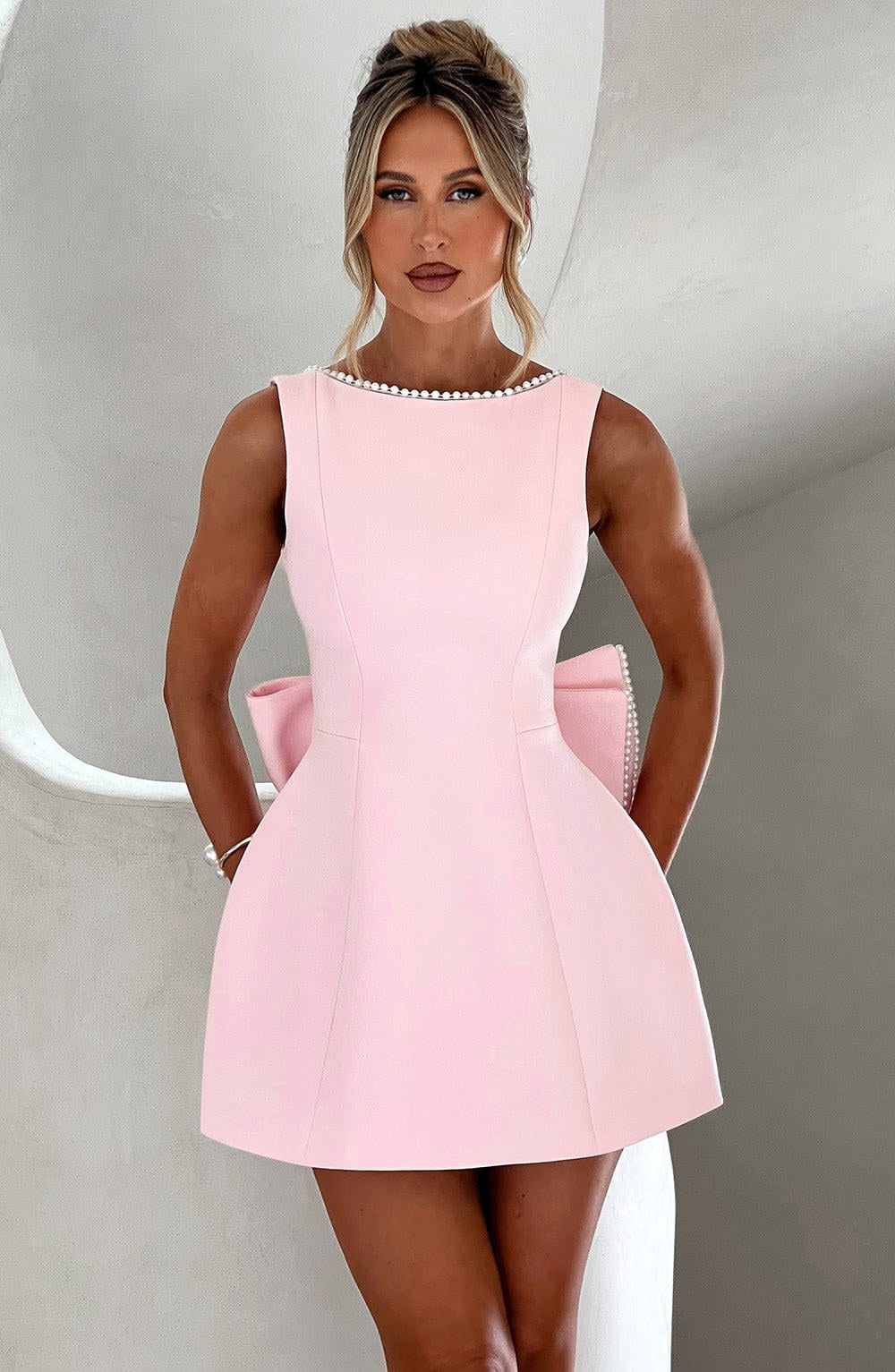 Noemie | Women's A-Line Mini Dress with Pearl Trim, Wedding Guest Dress | The Dress Cellar | Pink