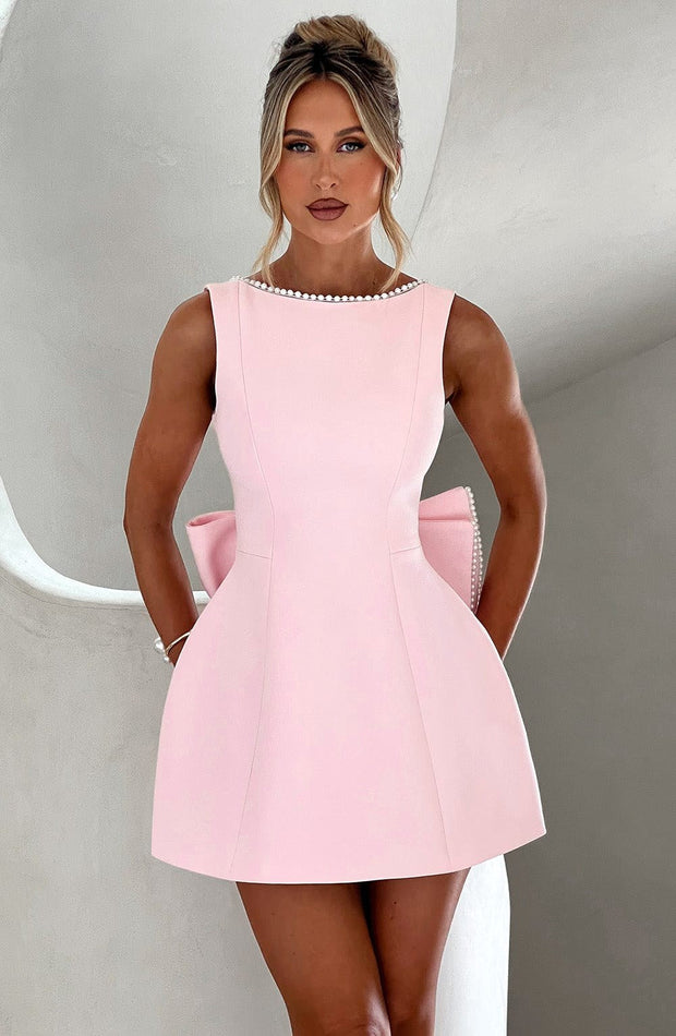 Noemie | Women's A-Line Mini Dress with Pearl Trim, Wedding Guest Dress | The Dress Cellar | Pink