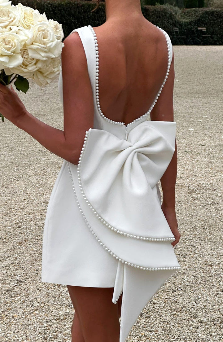 Noemie | Women's A-Line Mini Dress with Pearl Trim, Wedding Guest Dress | The Dress Cellar