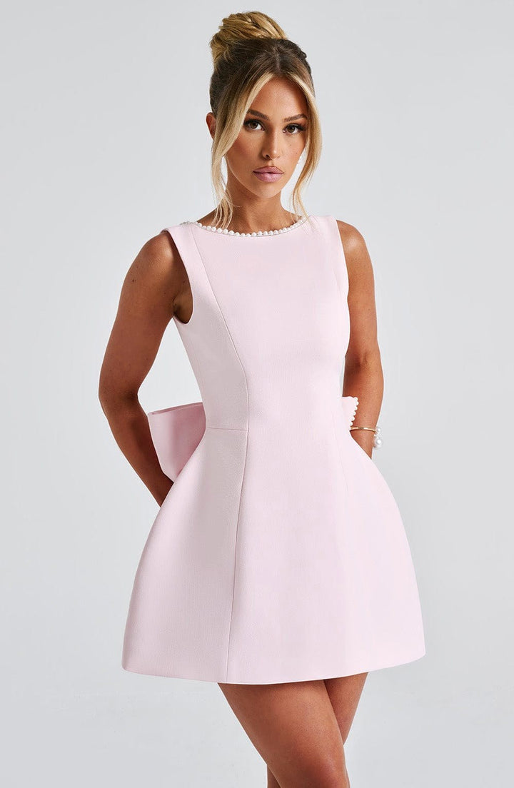 Noemie | Women's A-Line Mini Dress with Pearl Trim, Wedding Guest Dress | The Dress Cellar | Black