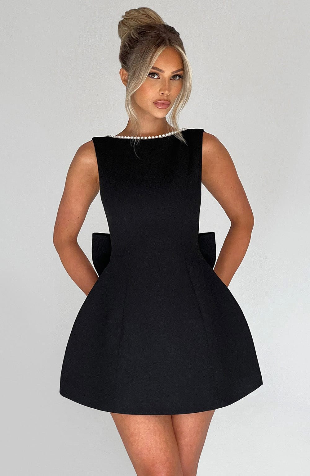Noemie | Women's A-Line Mini Dress with Pearl Trim, Wedding Guest Dress | The Dress Cellar