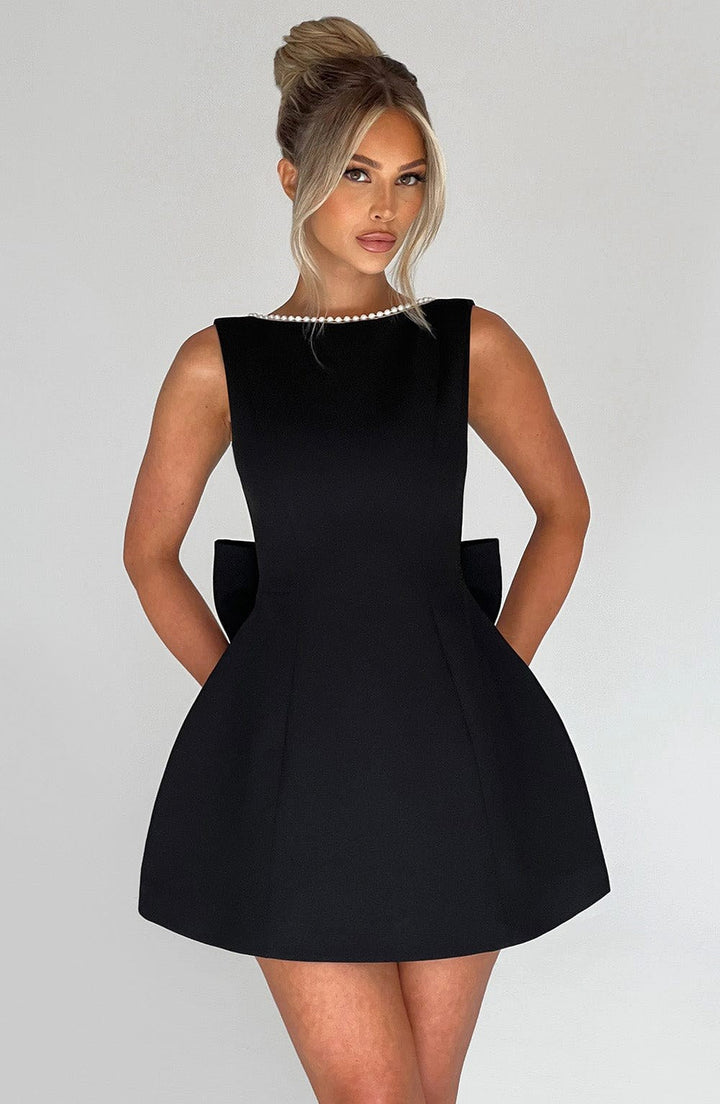 Noemie | Women's A-Line Mini Dress with Pearl Trim, Wedding Guest Dress | The Dress Cellar