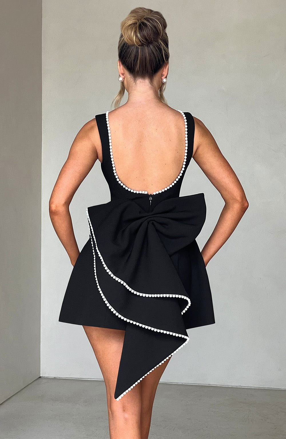 Noemie | Women's A-Line Mini Dress with Pearl Trim, Wedding Guest Dress | The Dress Cellar