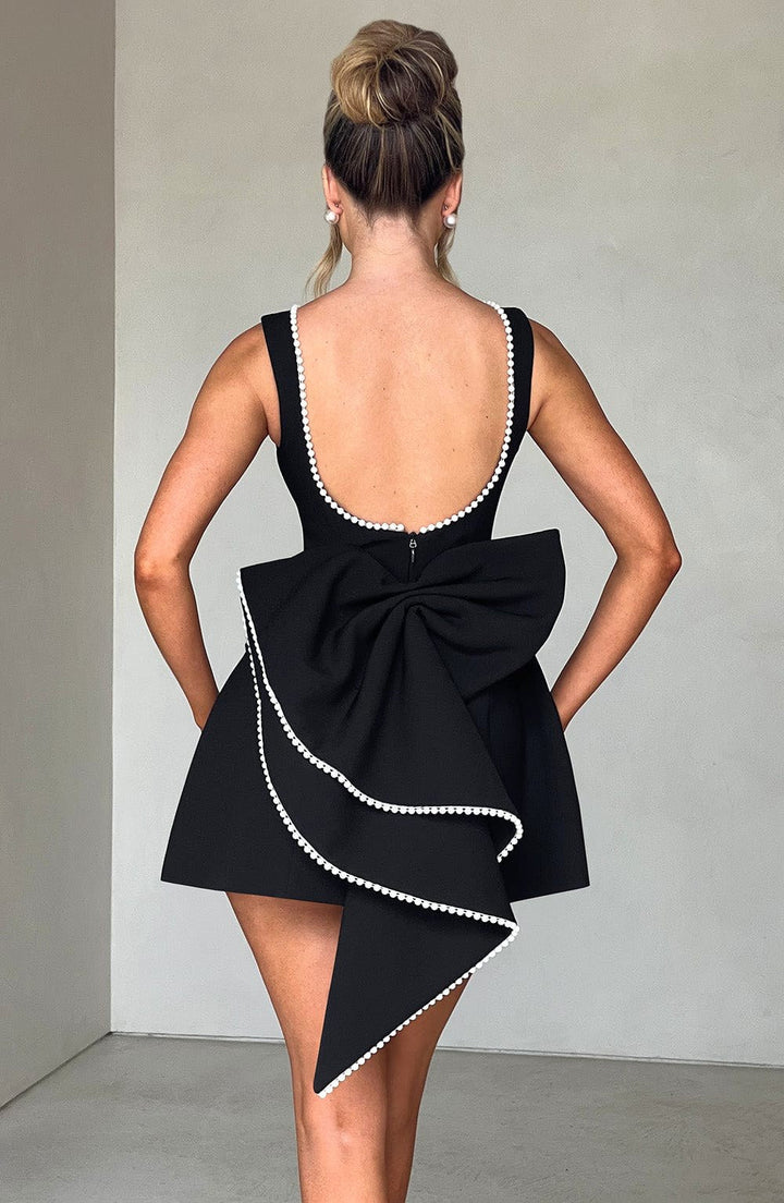Noemie | Women's A-Line Mini Dress with Pearl Trim, Wedding Guest Dress | The Dress Cellar