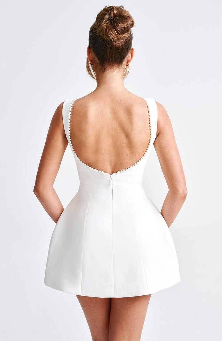Noemie | Women's A-Line Mini Dress with Pearl Trim, Wedding Guest Dress | The Dress Cellar