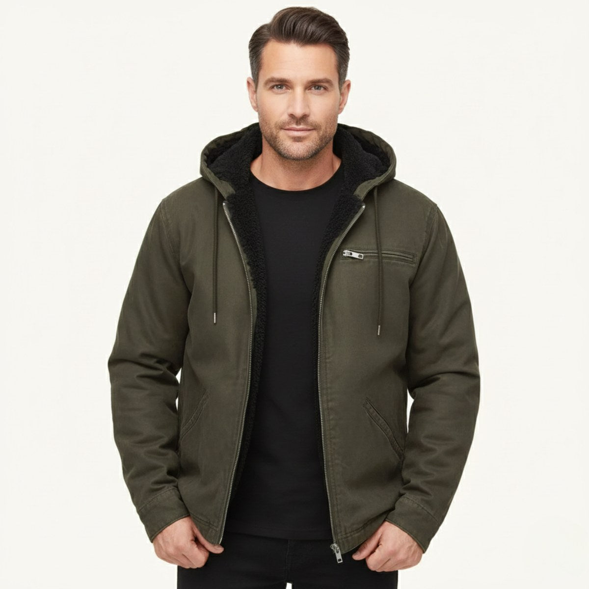 Nolan | Men's Fleece-Lined Hooded Jacket, Retro Autumn Jacket | The Dress Cellar | Black