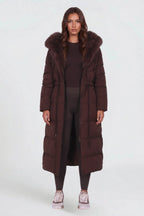 Christine | Women's Long Padded Winter Coat, Hooded Faux Fur Collar Jacket | The Dress Cellar | Brown